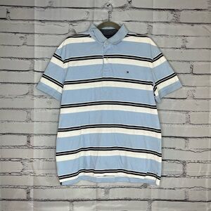 Tommy Hilfiger Blue and White Striped Polo Shirt SZ L Classic 1/4 Button Relaxed
